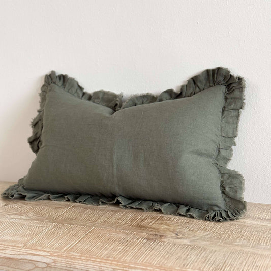 Khaki Ruffled Edge Linen Cushion Cover