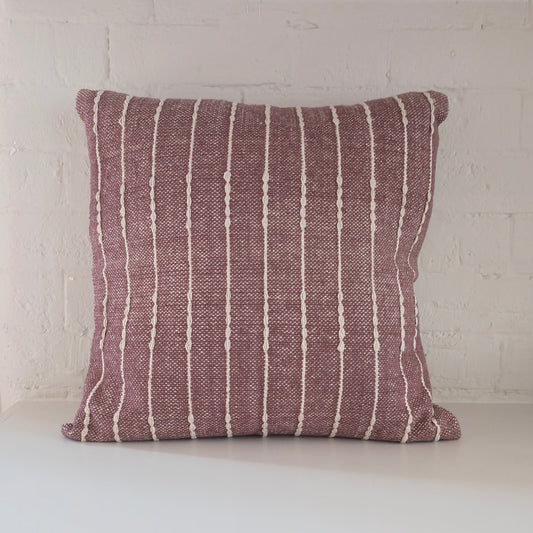 Plum and natural textured stripe square cushion